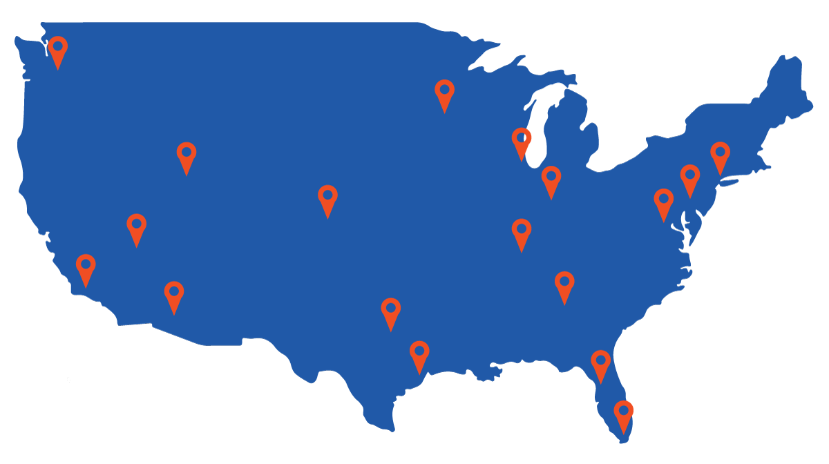 Map of the United States with a location marker on select major US cities like New York, Miami, Houston, Los Angeles, Chicago, Atlanta, Denver, and Seattle